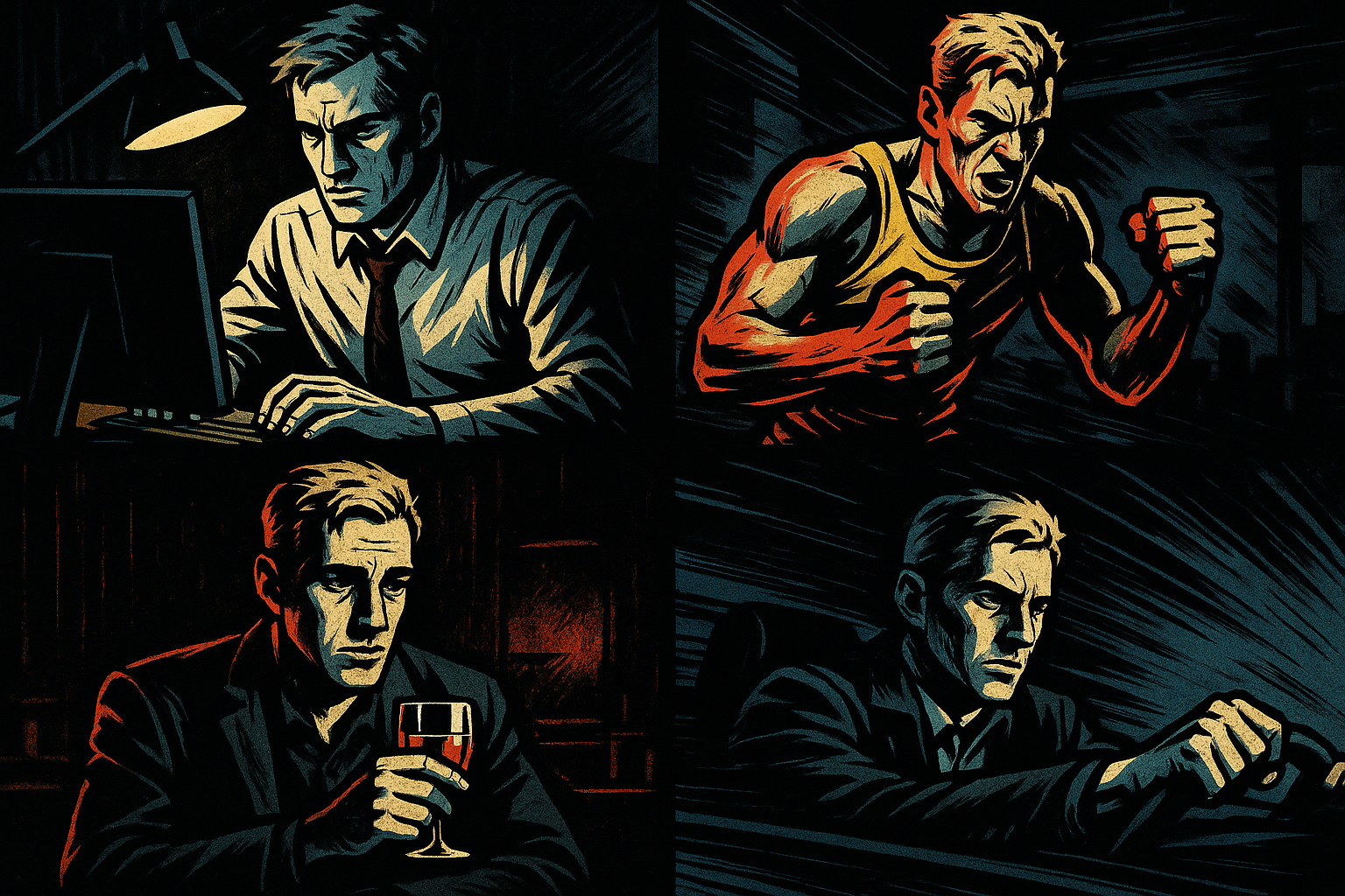 Иллюстрация мужчины, символизирующего способы бегства через работу, спорт, алкоголь и скорость, в комиксовом стиле для взрослых | Автопсихолог